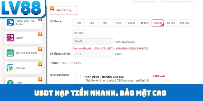 USDT nạp tiền nhanh, bảo mật cao